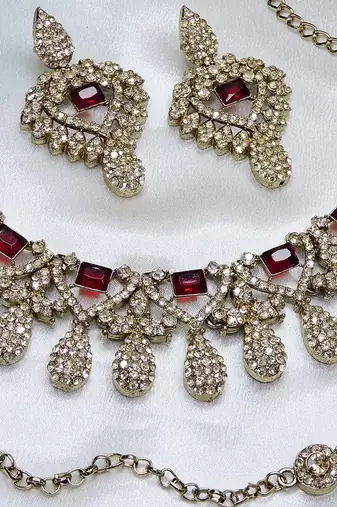 Maroon yellow gold premium designer american diamond and stone work necklace set