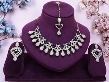 Blue yellow gold premium designer american diamond and stone work necklace set 1