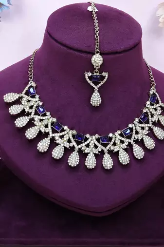 Blue yellow gold premium designer american diamond and stone work necklace set