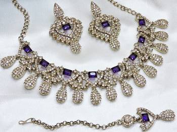 Blue yellow gold premium designer american diamond and stone work necklace set 2
