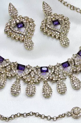 Blue yellow gold premium designer american diamond and stone work necklace set