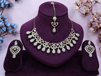 Pink yellow gold premium designer american diamond and stone work necklace set 1