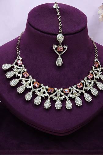 Pink yellow gold premium designer american diamond and stone work necklace set