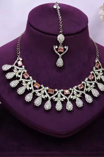 Pink yellow gold premium designer american diamond and stone work necklace set