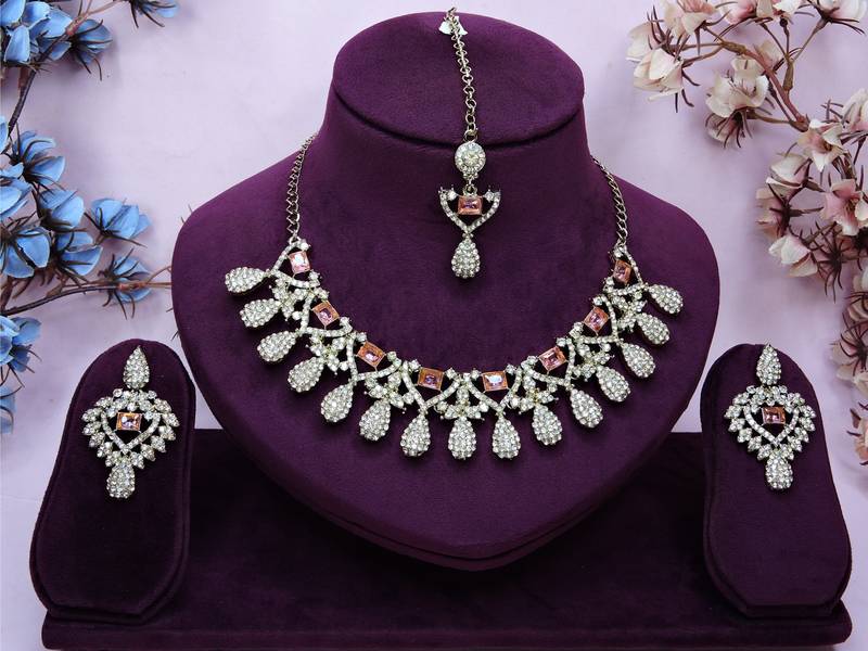 Pink yellow gold premium designer american diamond and stone work necklace set