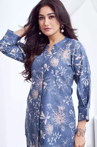 Blue floral printed rayon 2-pieces co-ord sets for women