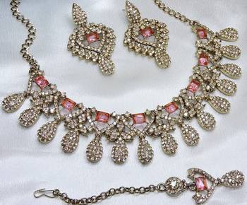 Pink yellow gold premium designer american diamond and stone work necklace set 2