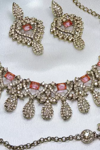 Pink yellow gold premium designer american diamond and stone work necklace set