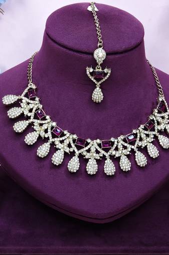 Purple yellow gold premium designer american diamond and stone work necklace set