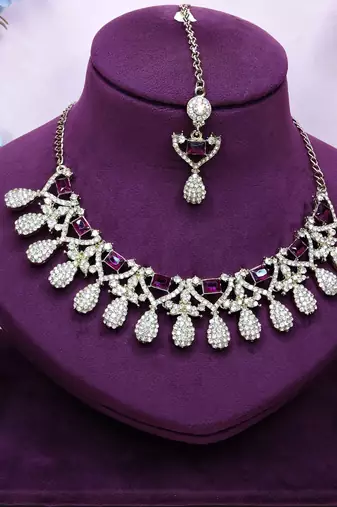 Purple yellow gold premium designer american diamond and stone work necklace set