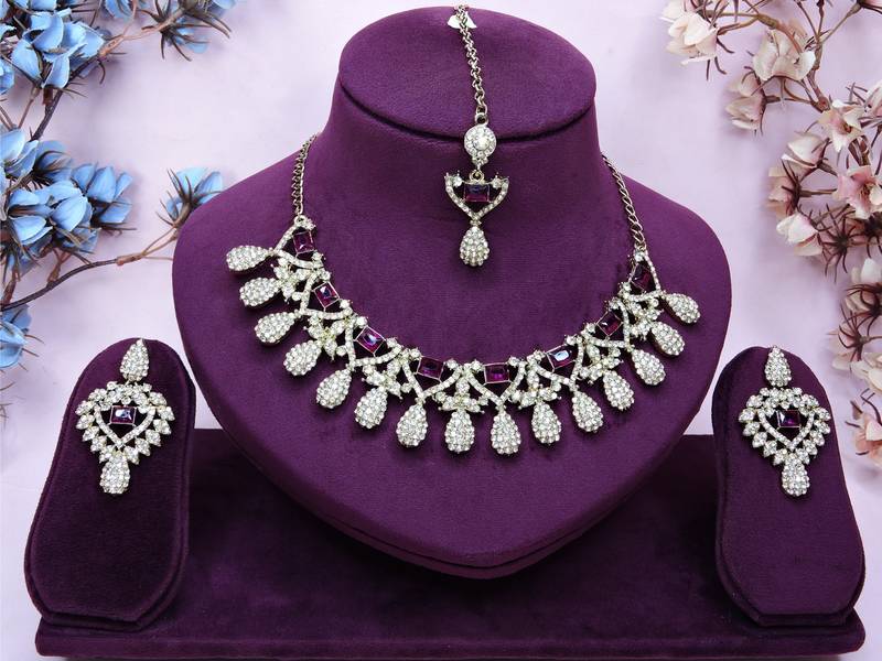 Purple yellow gold premium designer american diamond and stone work necklace set