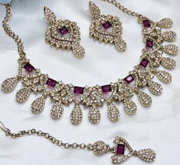Purple yellow gold premium designer american diamond and stone work necklace set 2