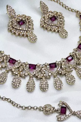 Purple yellow gold premium designer american diamond and stone work necklace set