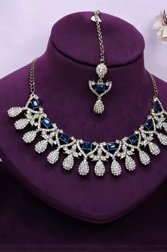 Blue yellow gold premium designer american diamond and stone work necklace set