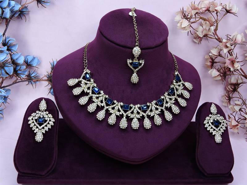 Blue yellow gold premium designer american diamond and stone work necklace set