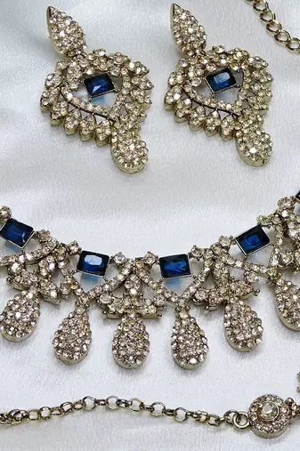 Blue yellow gold premium designer american diamond and stone work necklace set