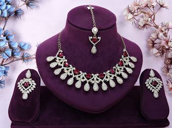 Pink yellow gold premium designer american diamond and stone work necklace set 1