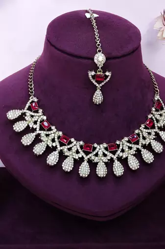 Pink yellow gold premium designer american diamond and stone work necklace set
