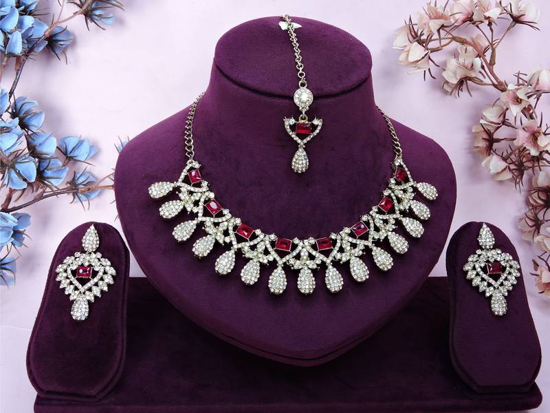 Pink yellow gold premium designer american diamond and stone work necklace set