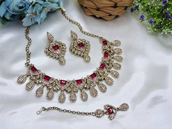 Pink yellow gold premium designer american diamond and stone work necklace set 2