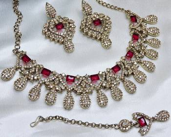 Pink yellow gold premium designer american diamond and stone work necklace set 3