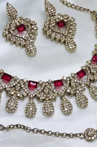 Pink yellow gold premium designer american diamond and stone work necklace set