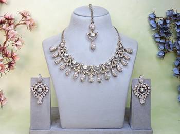White yellow gold premium designer american diamond and stone work necklace set 1