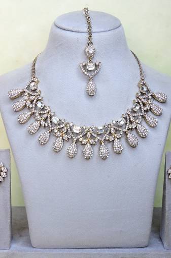 White yellow gold premium designer american diamond and stone work necklace set