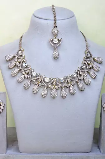 White yellow gold premium designer american diamond and stone work necklace set