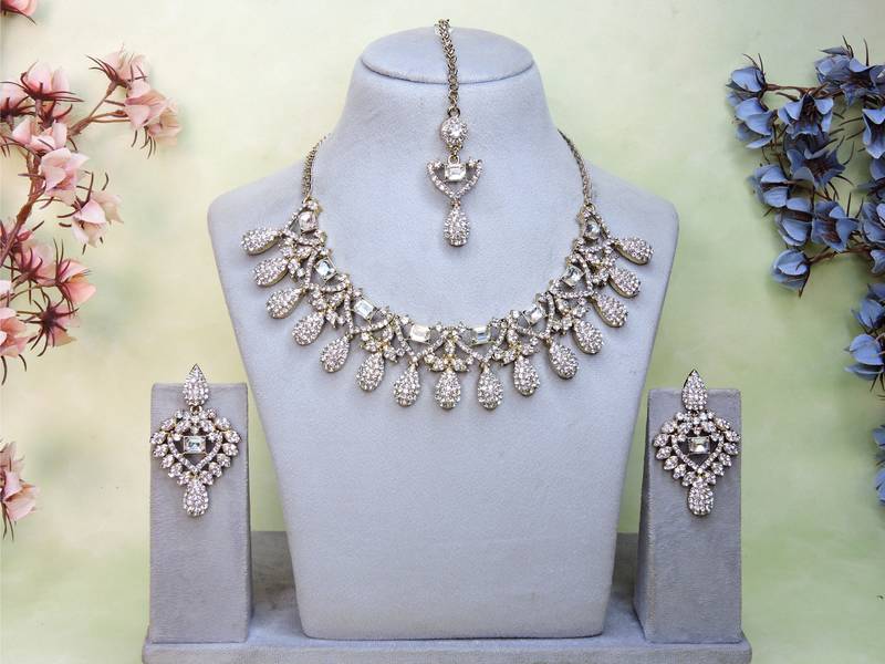 White yellow gold premium designer american diamond and stone work necklace set