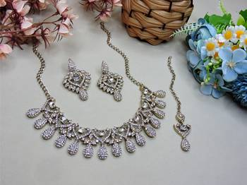White yellow gold premium designer american diamond and stone work necklace set 2