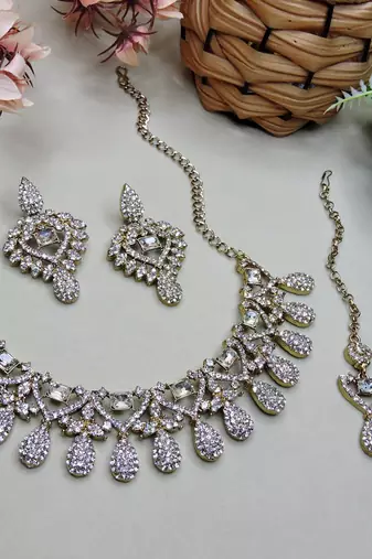 White yellow gold premium designer american diamond and stone work necklace set