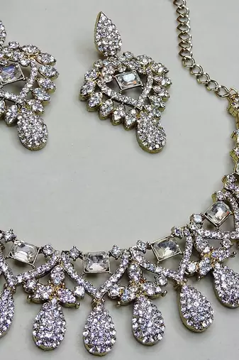 White yellow gold premium designer american diamond and stone work necklace set