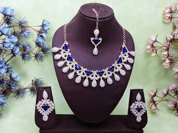 Blue rose gold premium designer american diamond and stone work necklace set 1