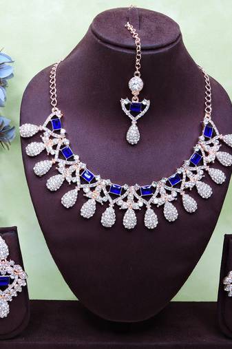 Blue rose gold premium designer american diamond and stone work necklace set