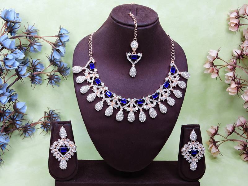 Blue rose gold premium designer american diamond and stone work necklace set