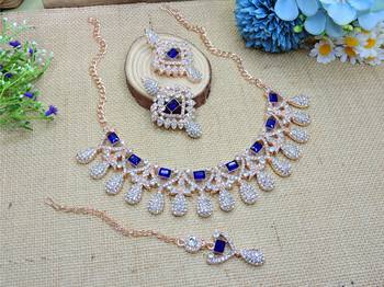 Blue rose gold premium designer american diamond and stone work necklace set 2