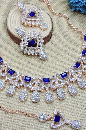 Blue rose gold premium designer american diamond and stone work necklace set