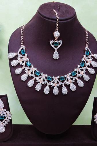 Green rose gold premium designer american diamond and stone work necklace set
