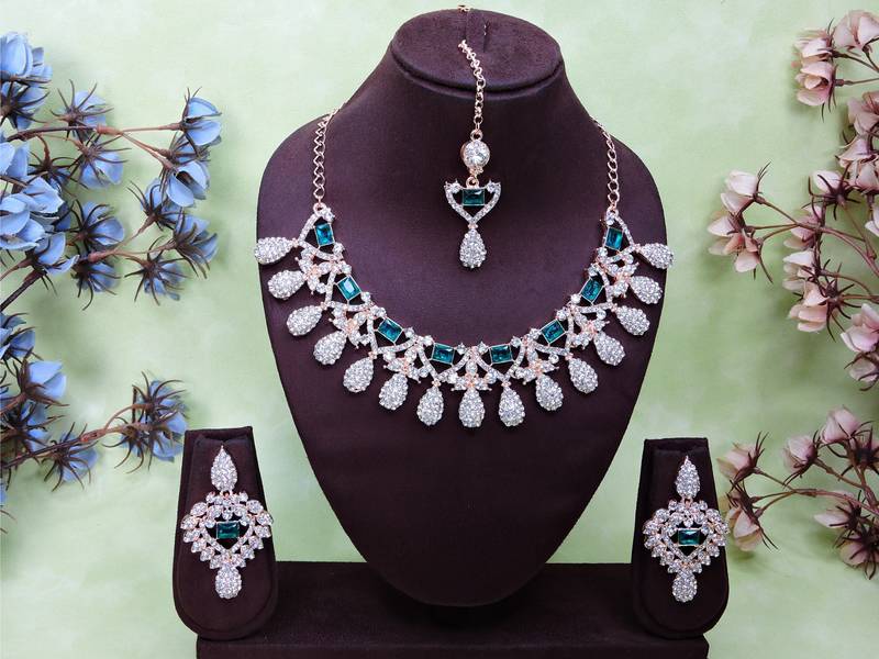 Green rose gold premium designer american diamond and stone work necklace set