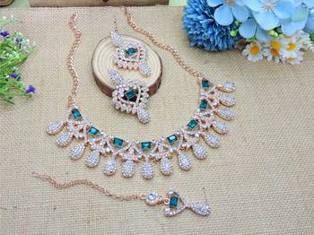 Green rose gold premium designer american diamond and stone work necklace set 2