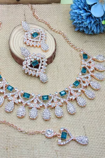 Green rose gold premium designer american diamond and stone work necklace set