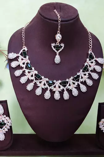 Green rose gold premium designer american diamond and stone work necklace set