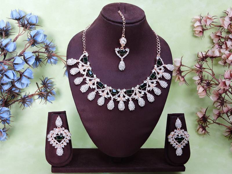 Green rose gold premium designer american diamond and stone work necklace set