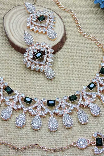 Green rose gold premium designer american diamond and stone work necklace set