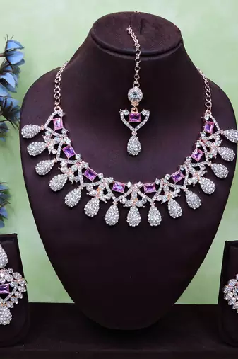 Purple rose gold premium designer american diamond and stone work necklace set