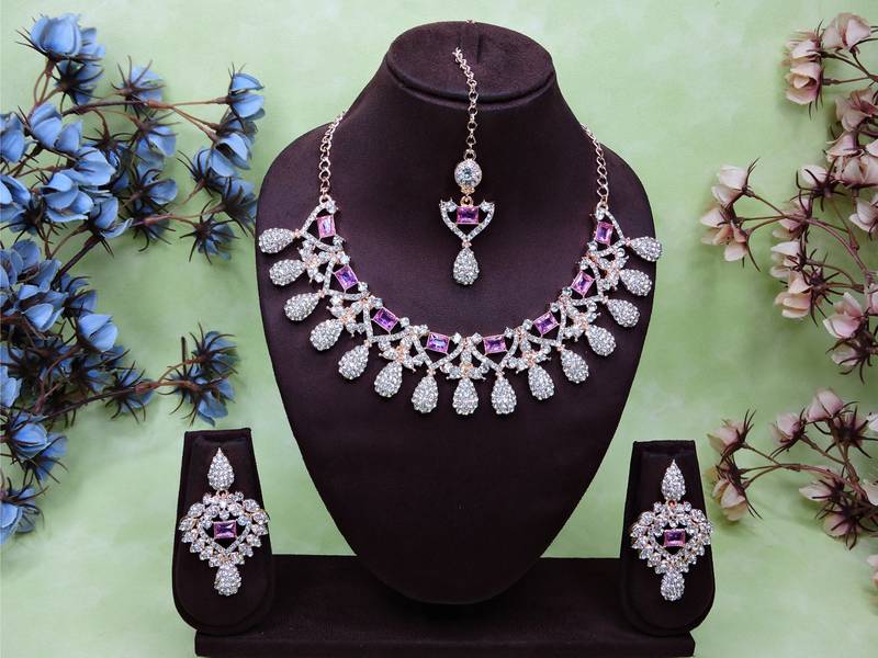 Purple rose gold premium designer american diamond and stone work necklace set