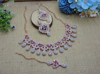 Purple rose gold premium designer american diamond and stone work necklace set 2