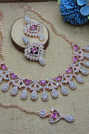 Purple rose gold premium designer american diamond and stone work necklace set