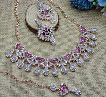 Purple rose gold premium designer american diamond and stone work necklace set 3